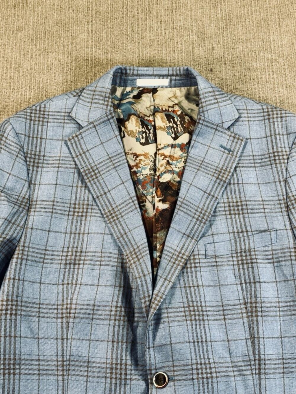 Tallia Blazer Mens 44L Tartan Glen Plaid Sport Coat Blue Brown 100% Linen Dapper